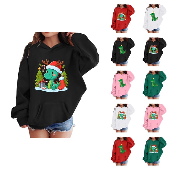Boys Girls Christmas Hoodie Long Sleeve Funny Cute Dinosaur Graphic Hooded Sweatshirt Pockets Kids Pullover Tops 2-13 Years