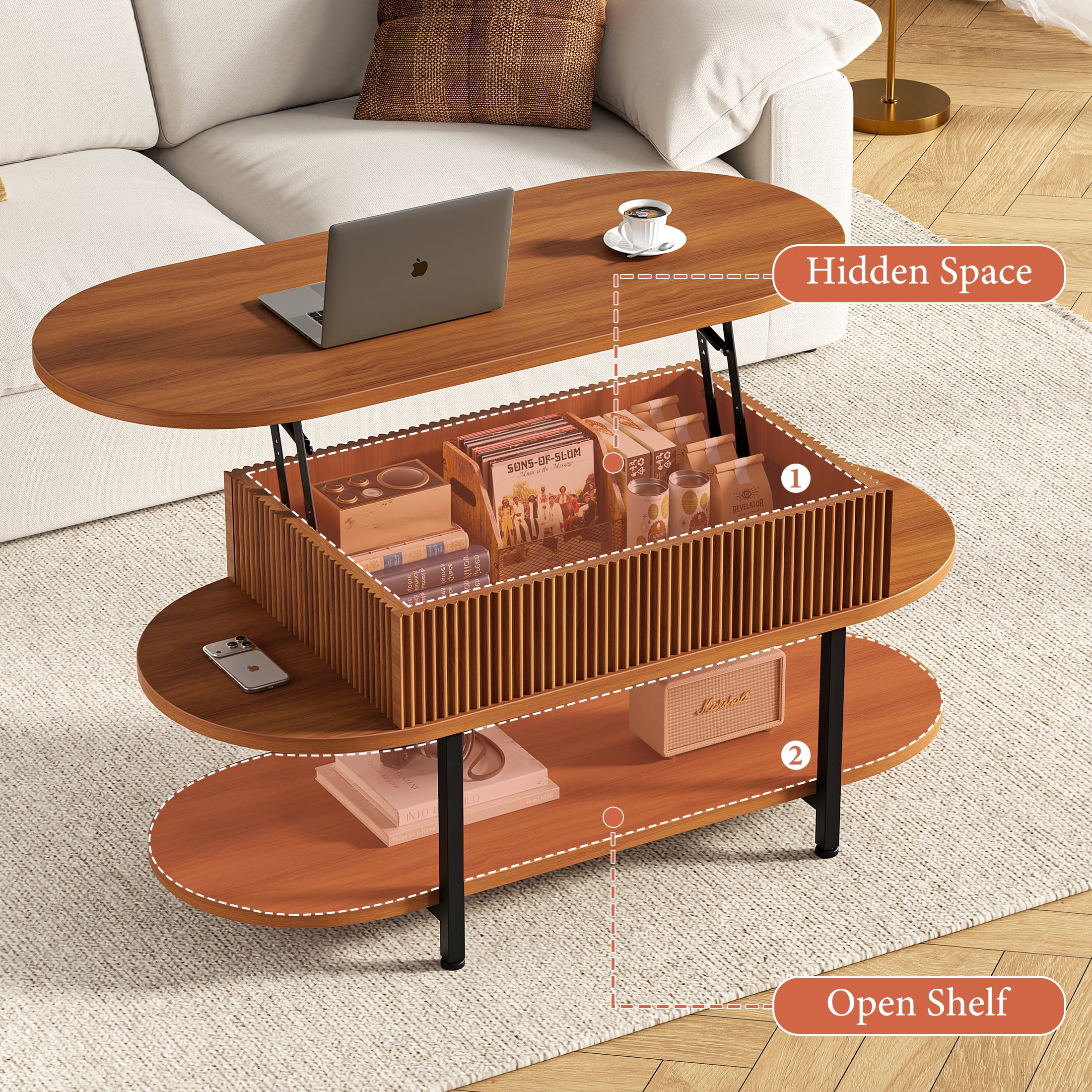 GUNAITO Lift Top Coffee Table with Storage, Modern Farmhouse Center Table with Shelf 3 Tier for Living Room, Walnut
