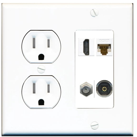 Ultra Spec Cables 1 Port HDMI Coax Cat6 Toslink Wall Plate w/Tamper Resistant Power Outlet