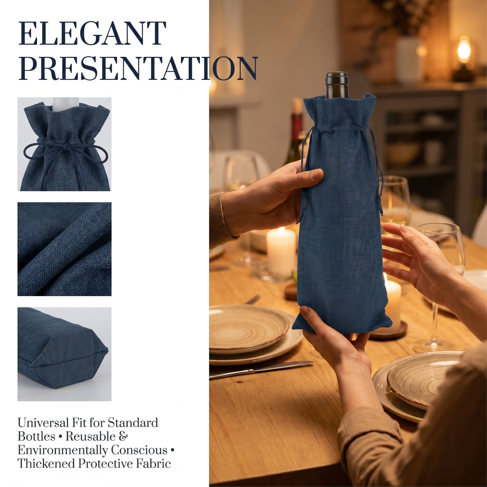 Unique Bargains Elegant Single Wine Bottle Gift Bags with Handles Dark Navy 5.9" x 13.8"
