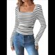 thumbnail image 2 of Camisas de Larga con Cuello Cuadrado para Mujer, Blusas Informales de Punto Acanalado de Corte Ajustado, Camisetas Básicas de Trabajo para Verano y Otoño. y Negro M, 2 of 9