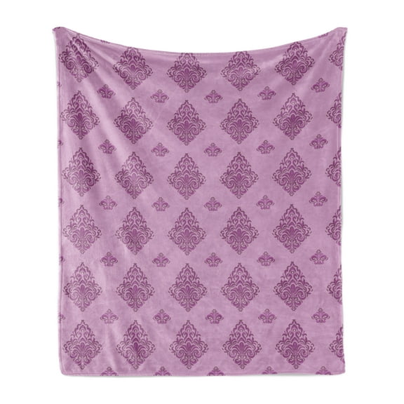Damask Soft Flannel Fleece Throw Blanket, Nostalgic Curvy Ornaments Purple Tones Illustration, Cozy Plush for Indoor and Outdoor Use, 70" x 90", Pale Fuchsia Pale Mauve, by Ambesonne