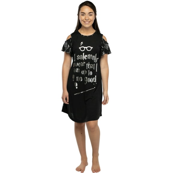 Harry Potter Junior Womens' Nightgown Solemnly Swear Up to No Good Cold Shoulder Short-Sleeve Pajama Lounge Nightdress