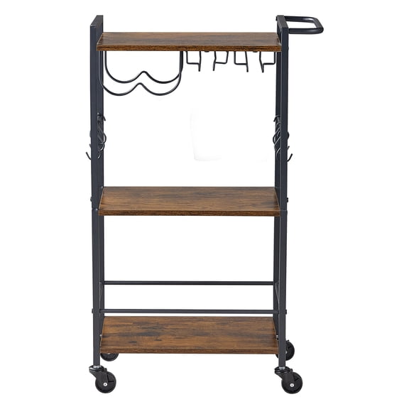 KFFKFF 3-Tier Bar Cart with Wheels, Industrial Rolling Utility Cart for Home and Kitchen, Mobile Beverage Shelf with Wine Rack and Glass Holder, 20.08x11.02x33.07 in, Rustic Brown and Black