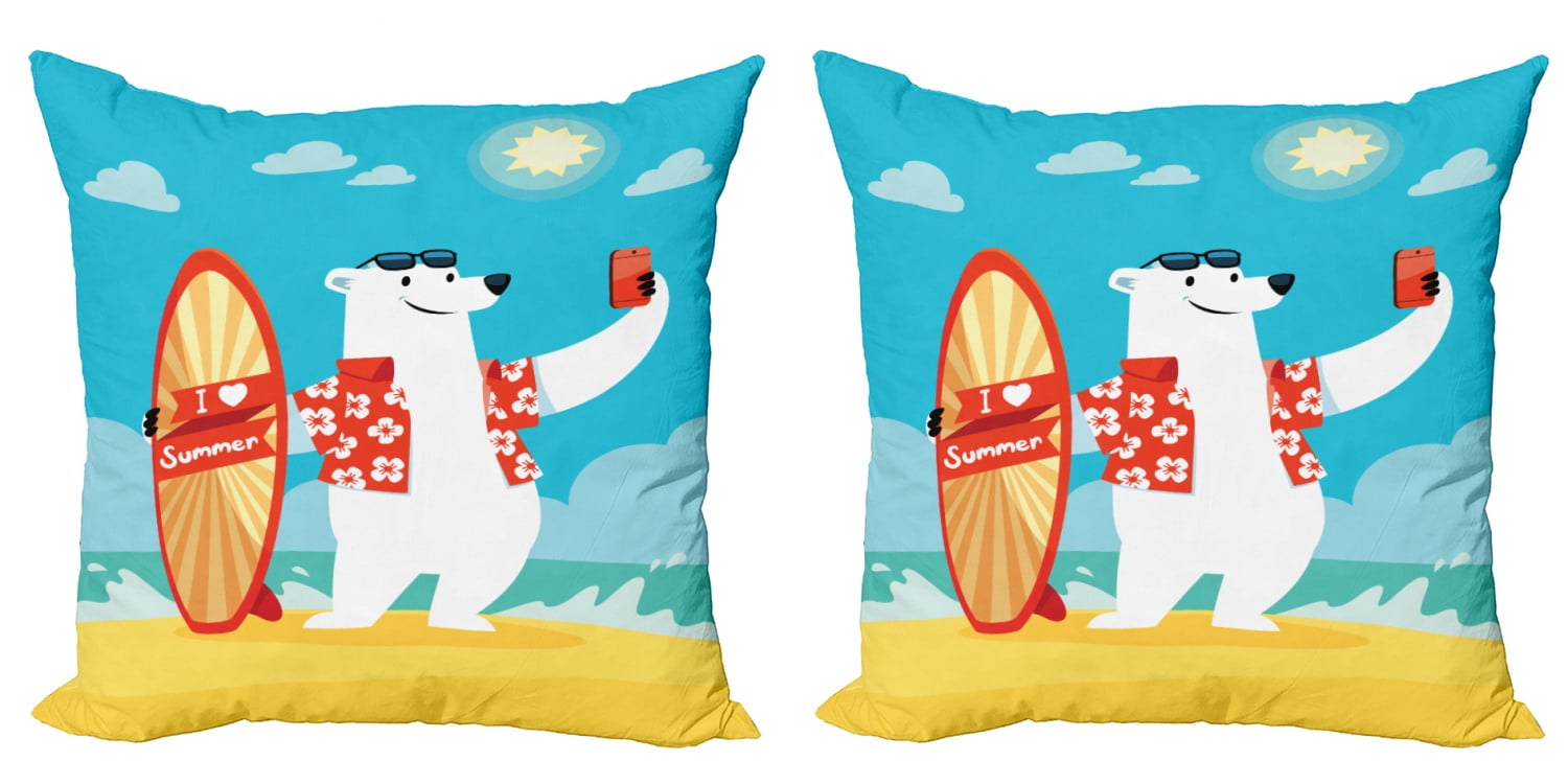 Sea Animals Throw Pillow Cushion Cover Pack Of 2 Polar Bear With I Love Summer Surfboard Taking Selfie At Beach Comic Fun Art Zippered Double Side Digital Print 4 Sizes Aqua Yellow By