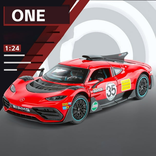 Scale 1:24 ONE Sports Car Model Toy Modified Metal Diecast Free Wheeling Vehicles Simulation Sound & Light Gift for Children Red Pig
