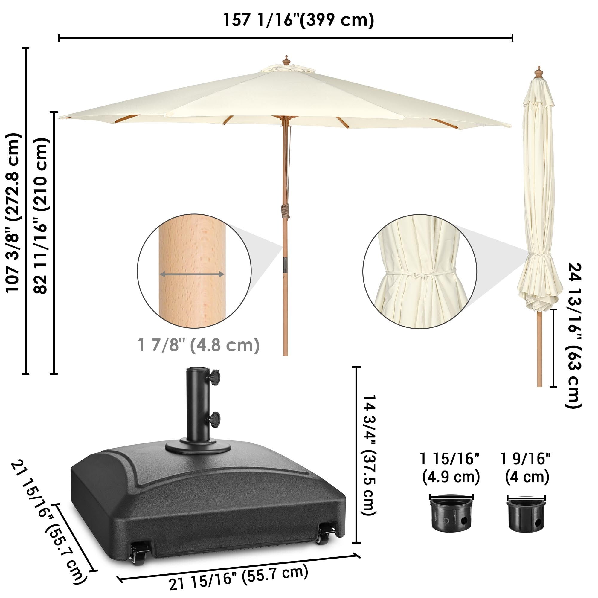 Yescom 13FT Outdoor Solid Wooden Large Patio Umbrella with 4 Wheels Base Beech Pole for Deck Pool Backyard Garden Market Beach Parasol,Ivory