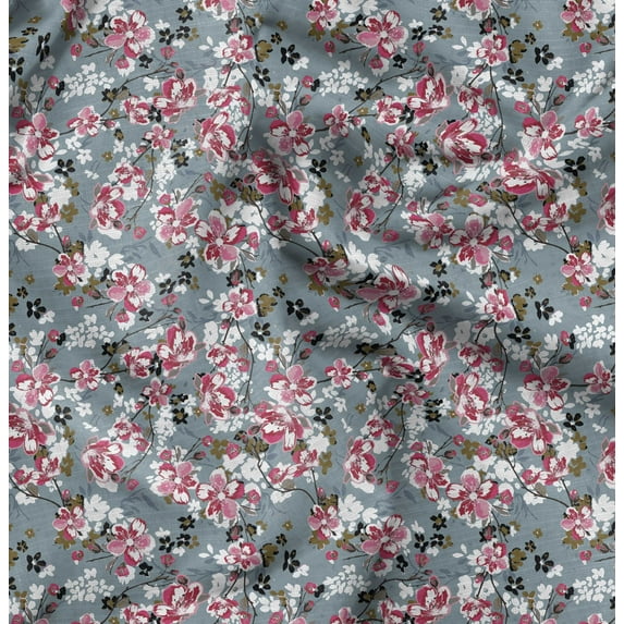 Soimoi Floral Print, Silk Fabric, Decor Sewing Fabric by The Yard 42 Inch Wide,Decorative Fabric for Shirts Suits Ties, Grayish Blue
