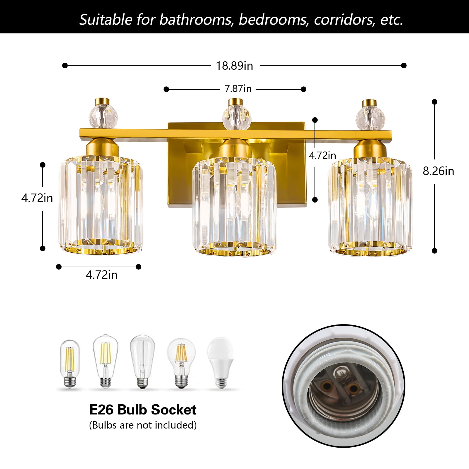 Deyidn 3-Light Gold Bathroom Light Fixtures,Modern Bathroom Vanity Lights Fixture with Clear Crystal Glass Shade, Modern Crystal 3 Lights Wall Sconce for Mirror Bedroom Living Room