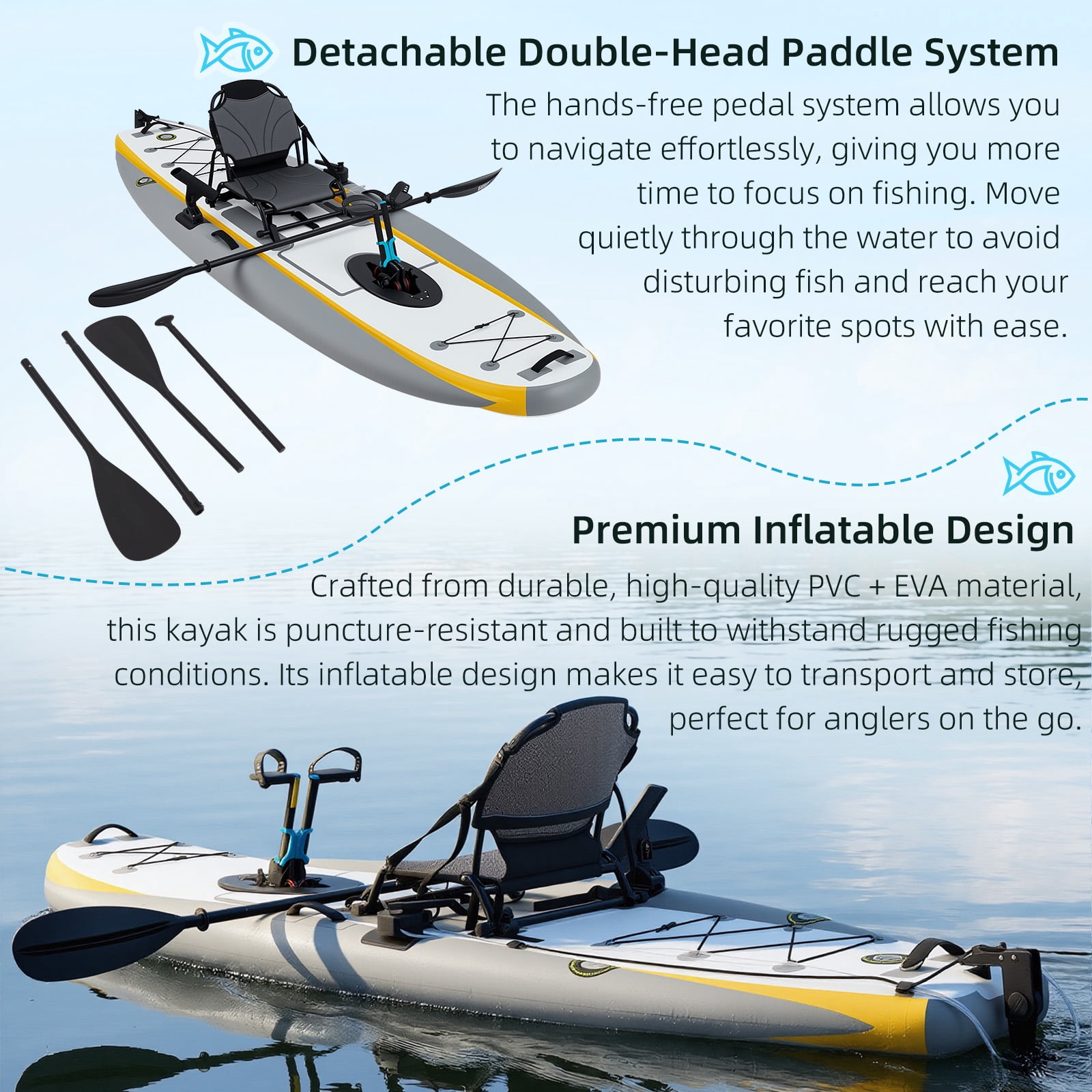 Bezliving 12ft Inflatable Kayak with Pedal System, Lightweight & Portable with Aluminum Seat, Rudder System, and Accessories Included, Yellow & Grey