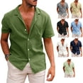 thumbnail image 4 of Summer  Linen Large  Men‘s Short-sleeved T-shirt Loose Undershirt Solid Color Button Cardigan Cotton Linen Shirt Men, 4 of 7