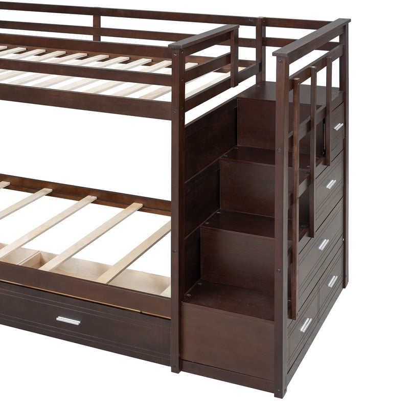 Twin Over Twin Kids/Teens Bunk Bed with Buit-In Staircase, Wooden Storage Bed Frame with 6 Drawers