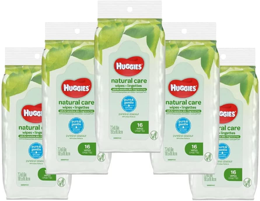 Pure & Gentle Unscented Travel Size Sanitizing Wipes Ideal for Daily Use Baby Hand Wipes for All Skin Types - Safe Sanitizing Wipes with Vitamin E & Aloe | 16 Wipes per Pack, Pack of 5