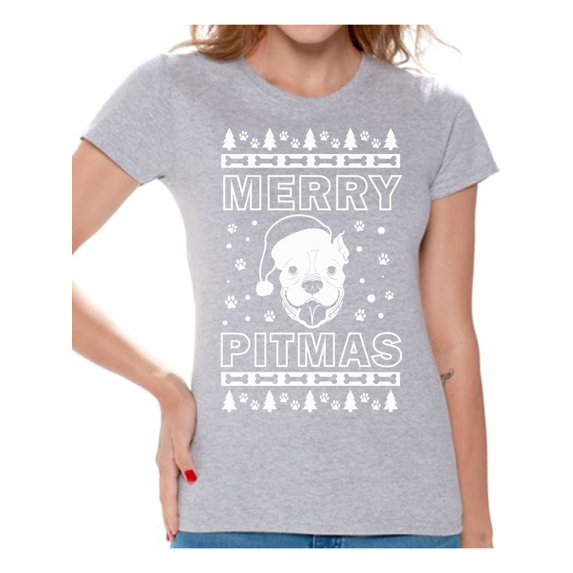 Awkward Styles Merry Pitmas Tshirt Merry Pitmas Christmas Shirts for Women Funny Santa Pitbull Shirt Women's Holiday Top Merry Christmas T-shirt Dog Lovers Xmas Gifts Christmas Party Outfit