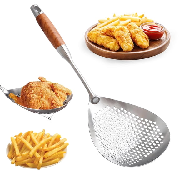 Skimmer Slotted Spoon 304 Stainless Steel With Wooden Handle 16.8 inch Skimmer Spider Food Strainer Ladle Kitchen Cooking Colander for Pasta Deep Frying Scoop