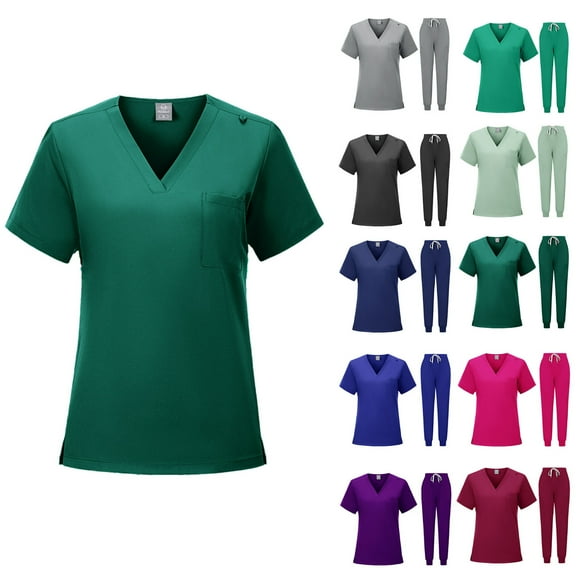 Amidoa Green Scrubs for Women Joggers V-Neck Uniform Elastic Waist Drawstring 3 Pockets Womens Sets L