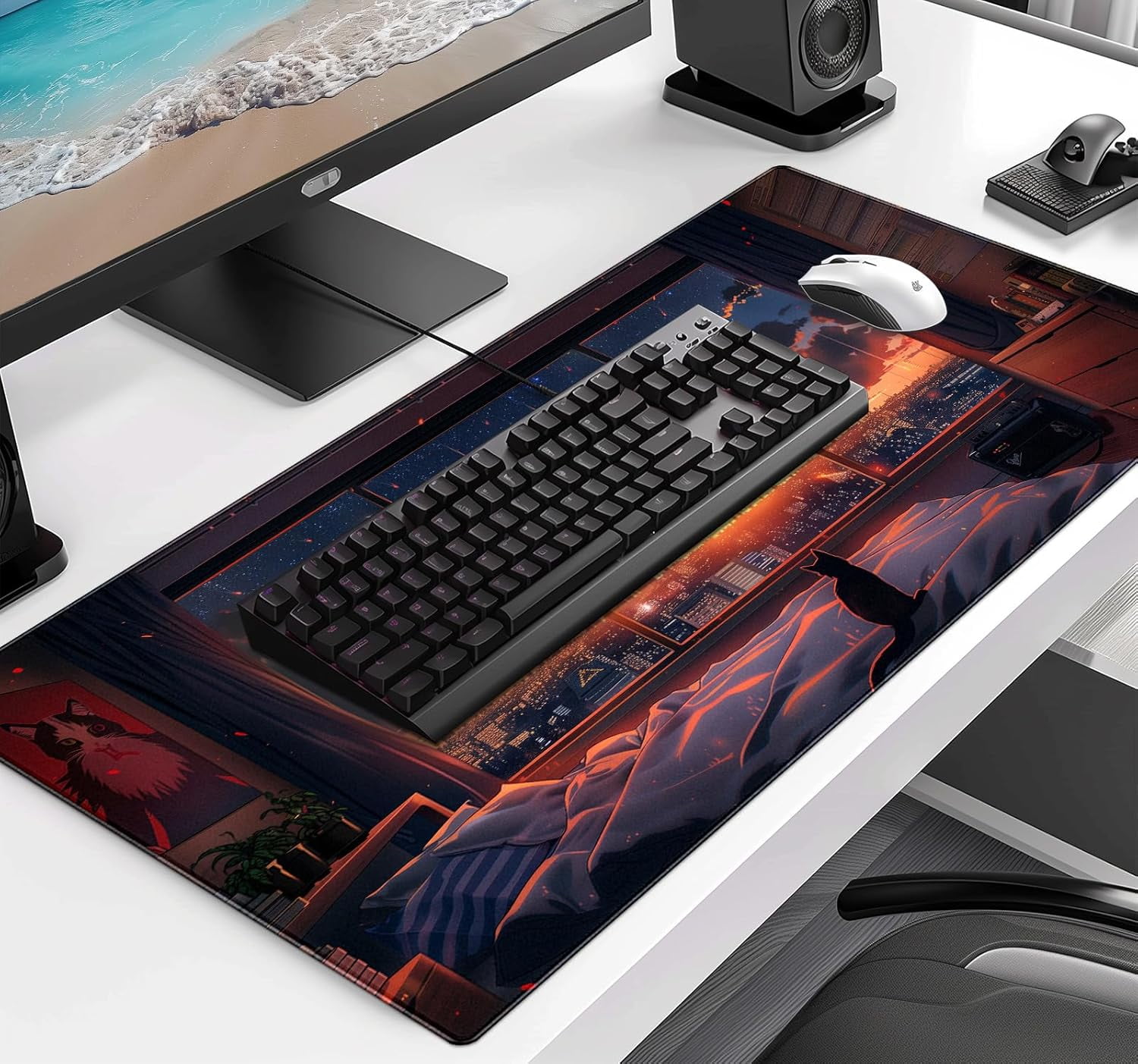 Anime Cat Fantasy Window Mouse Pad, Summer Mouse Pad Large Healing Night Scene, Game Table Pad XL Office Decoration Women''s Laptop Keyboard Pad 35.4 x 15.7 x 0.12 Inches