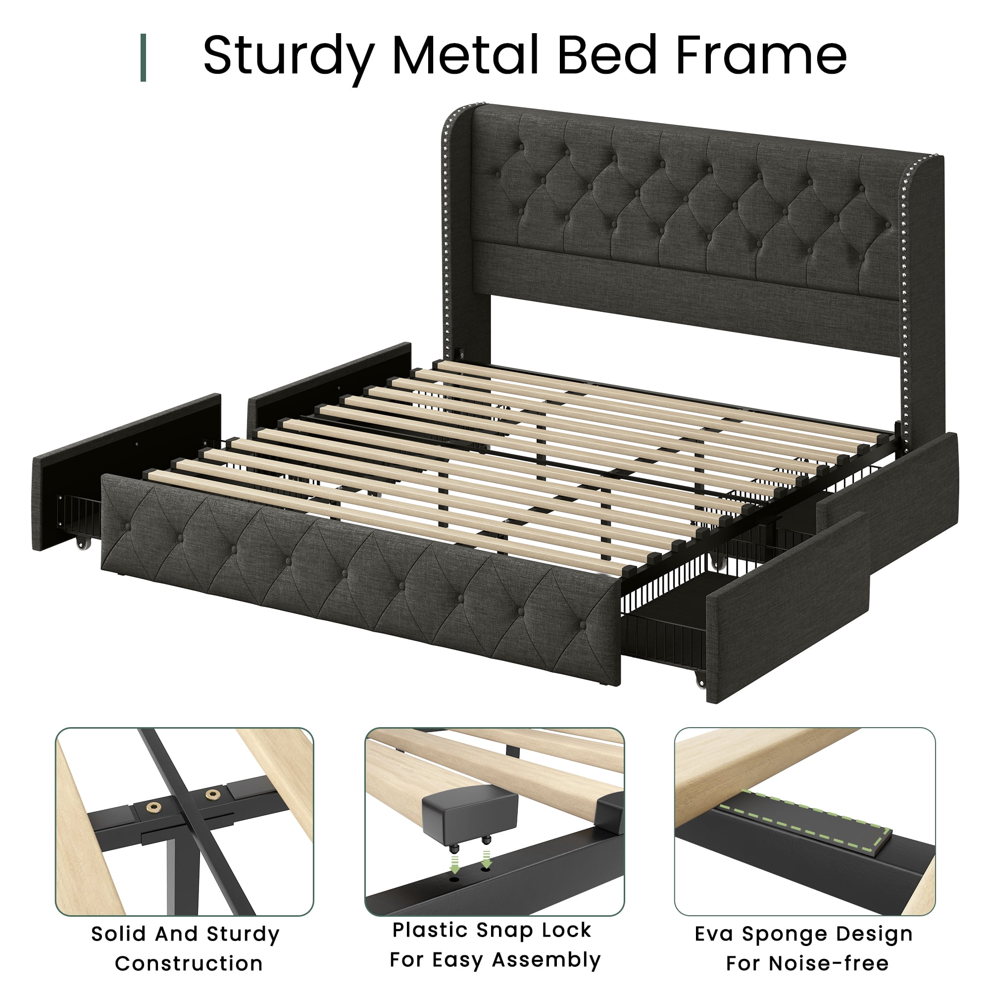 Breltam King Size Bed Frame with 4 Storage Drawers, Wingback Tufted Headboard, LED Lights, Dark Grey Velvet Upholstered Platform Bed, No Box Spring Needed
