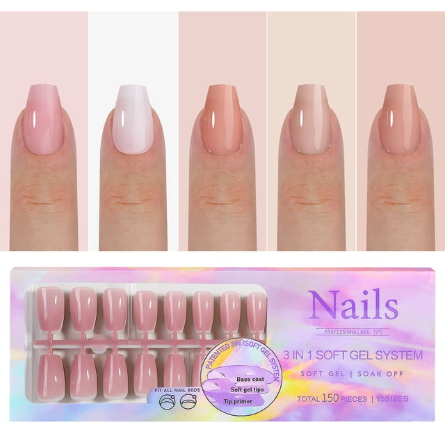 5 Colors Soft Gel Nail Tips Pre-applied Base Coat & Tip Primer Pre-made Fake Nails 15 Sizes False Nail Tips for Nail Art DIY