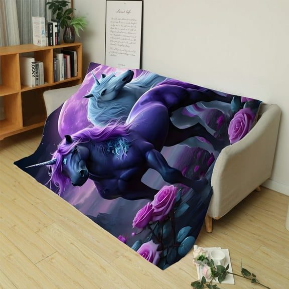 Purple Unicorn Fleece Blanket, Suitable for Sofa, Bed, Travel, Camping, Living Room, Office, Sofa, Chair and Bed - Digital Print Blanket, Soft and Warm Fleece Fabric