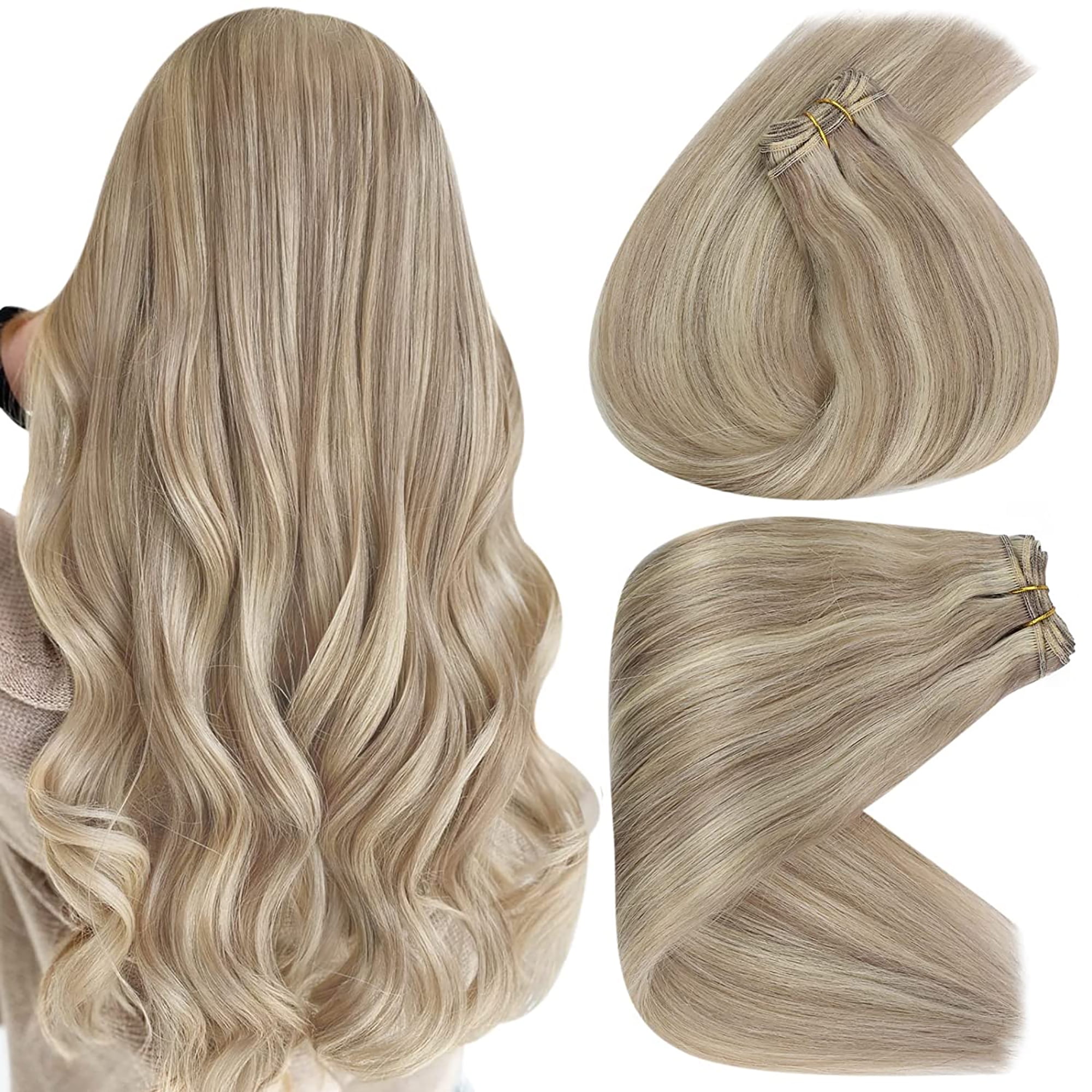 Sunny Weft Hair Extensions Human Hair 24 inch Highlights Dark Ash Blonde  and Golden Blonde Hair Extensions Straight 100g 