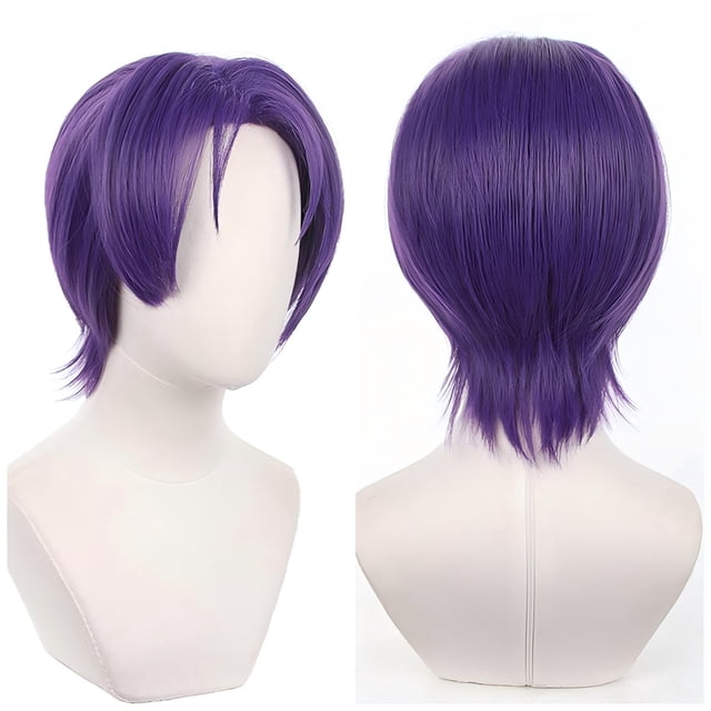 Peluca para cosplay, pelo sintético, color morado, 25 cm, acabado mate corto