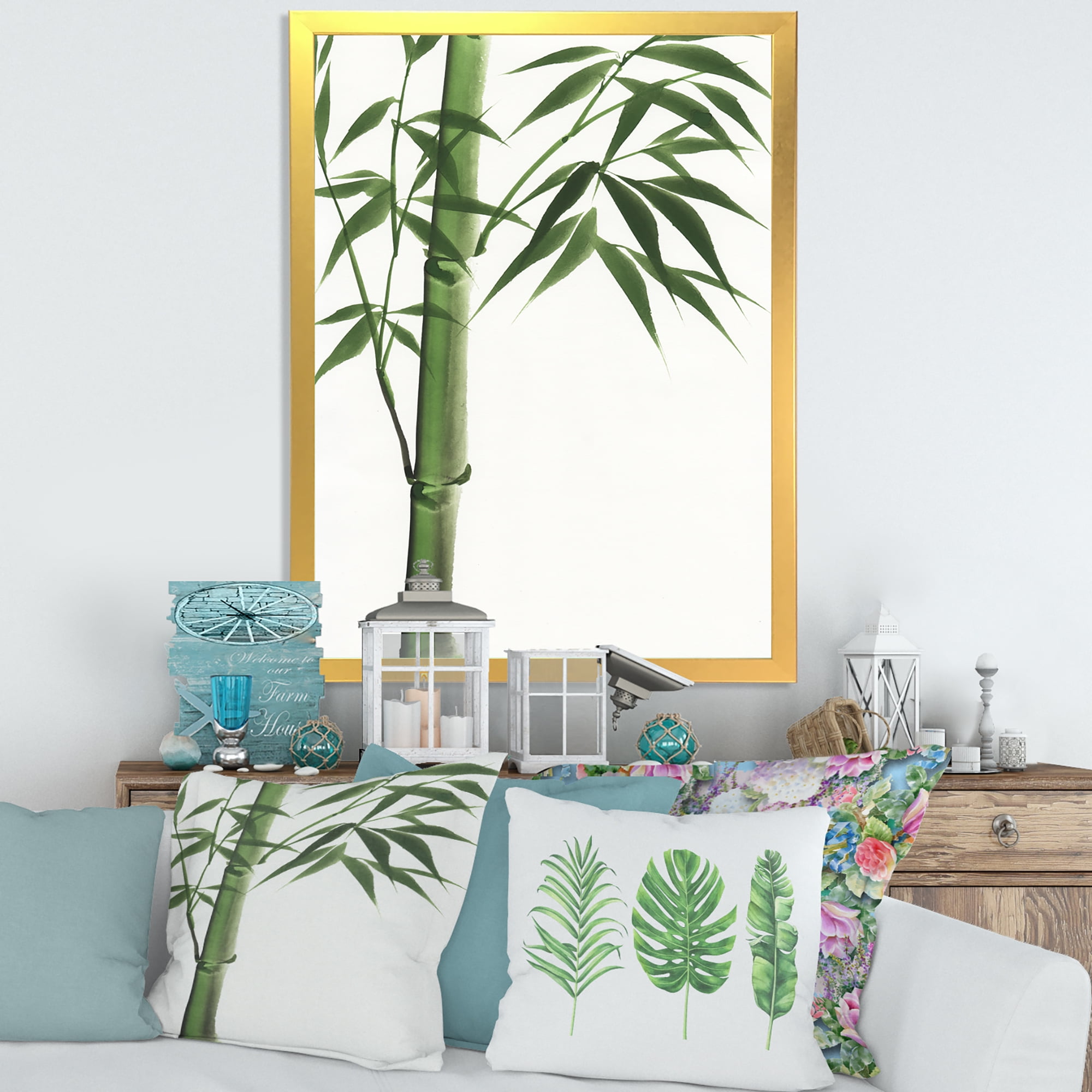 Designart 'Detail Of Dark Green Bamboo On White III' Traditional Framed Art Print