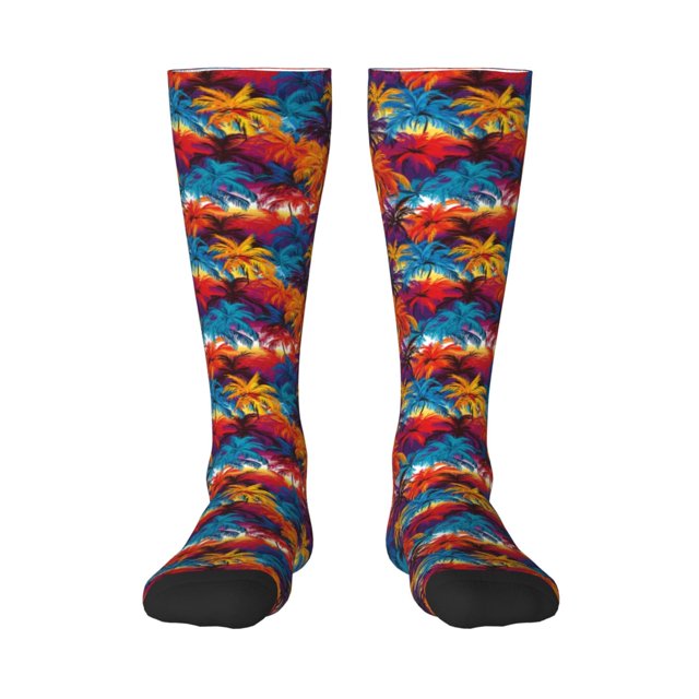 Xecao Colorful Hawaii Palms Pattern Adult Stockings with Color-Block Design and 3D Print, Breathable Comfortable Hosiery for Daily Wear and Sports
