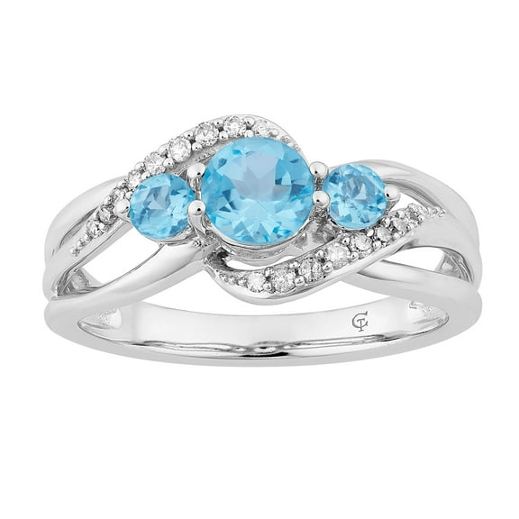 10k White Gold Swiss Blue Topaz & 1/5 Carat T.W. Diamond 3-Stone Ring