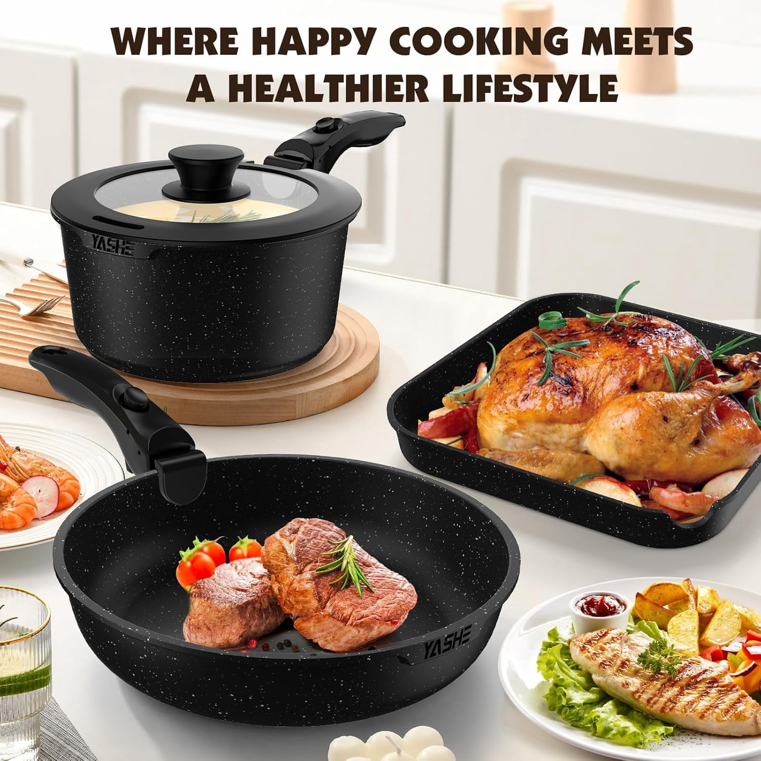 YASHE 21 Pcs Nonstick Cookware Set with Detachable Handle, Stackable Pots and Pans Set, Induction Compatible, Oven Safe, Dishwasher Safe, Space-Saving Kitchen Cookware for Home & RV