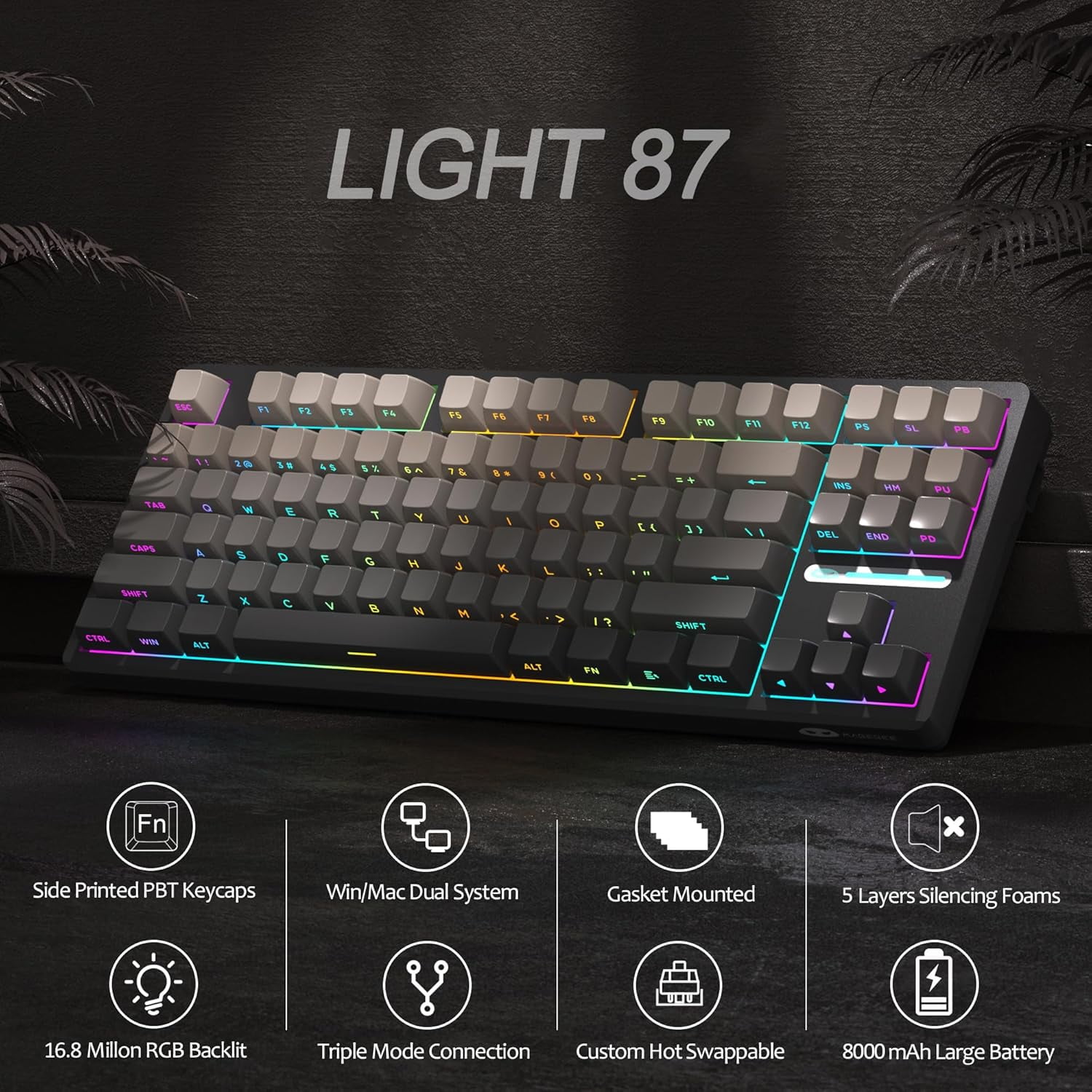 MageGee LIGHT87 Wireless Creamy Keyboard, Gasket Structure, RGB Backlit, 2.4G/USB-C/BT5.0 Hot Swappable Mechanical Gaming Keyboard for Win/Mac/PC, 8000mAh Battery, Side Printed PBT Keycaps, Black