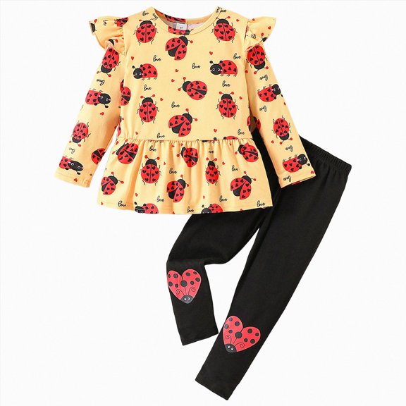Caqnni 4-5 Years Toddler Girl Clothes Square Neck Ruffle Hem Long Sleeve Top Floral Print Leggings Fall Outfits Kids Clothing Sets A216-Yellow