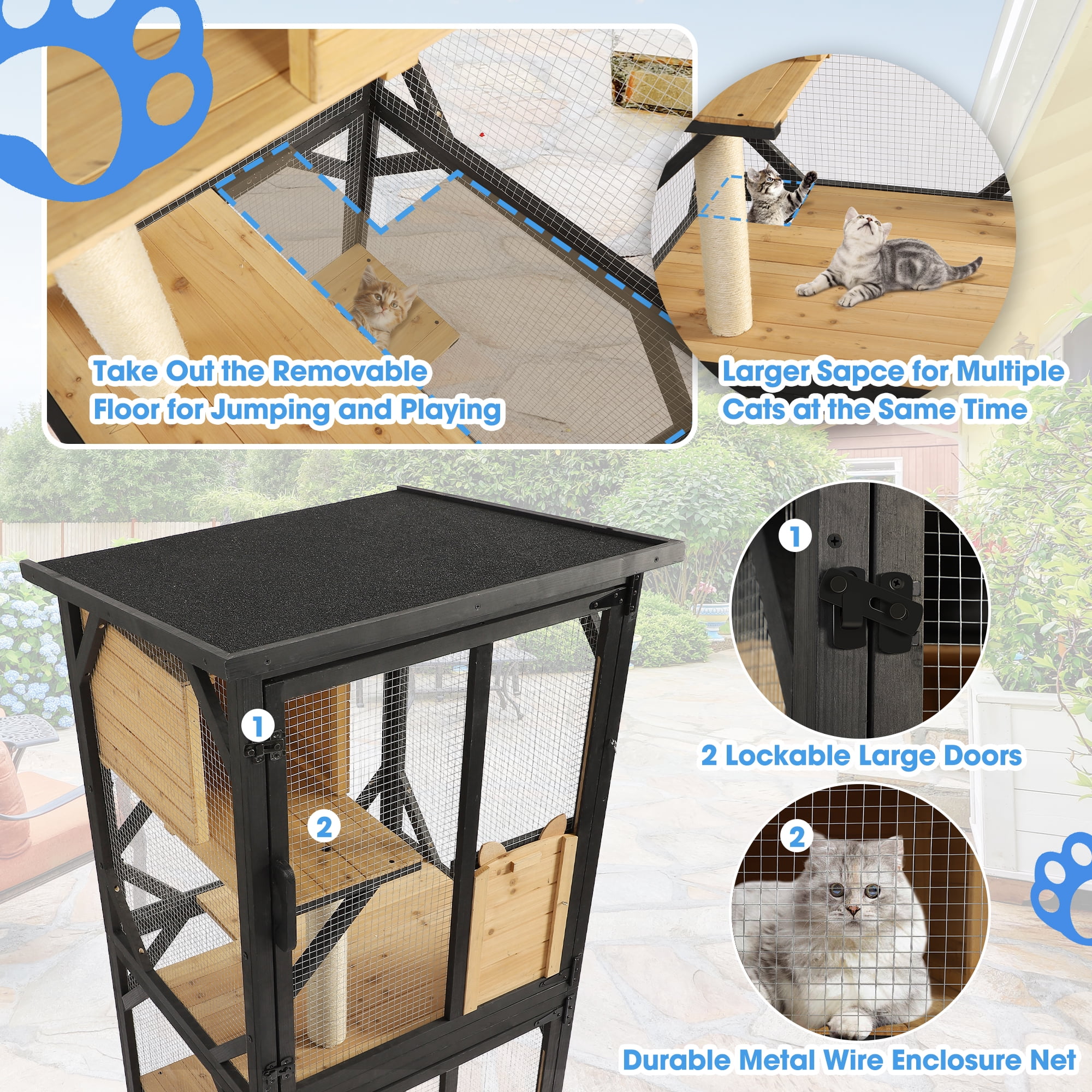 Haverchair Catio Outdoor Cat Enclosure with Scratcher - 4-Tier Large Indoor Wooden Window Catio Cat House W/Asphalt Waterproof Roof, Wheels, Resting Box, Platforms, Cat Toys Ball, Pet Cage Playpen