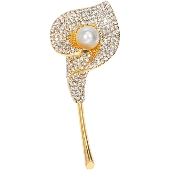 Rhinestone Calla Lily Flower Leaf Brooch Pin for Women Men Gold Plated Fashion Crystal Shell Pearl Corsage Brooches Lapel Pins Elegant Dress Accessories Wedding Birthday Jewelry
