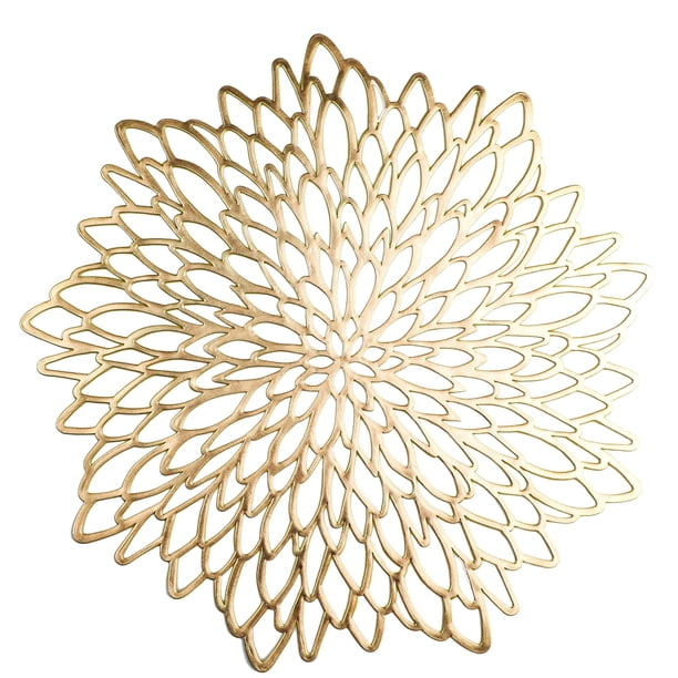 Manteles individuales de vinilo redondos metálicos dorados de 38 cm, paquete de 8 unidades