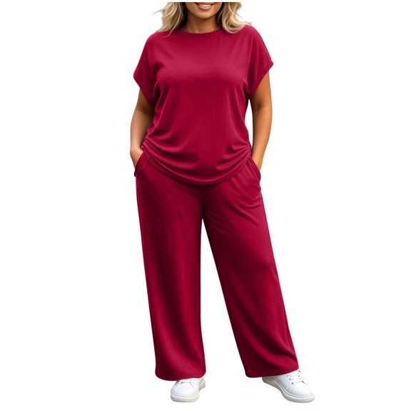 Guluxicc 2 Piece Womens Matching Sets Plus Size Short Sleeve Crew Neck Top with Wide Leg Pants Casual Outfits Loungewear with Pockets