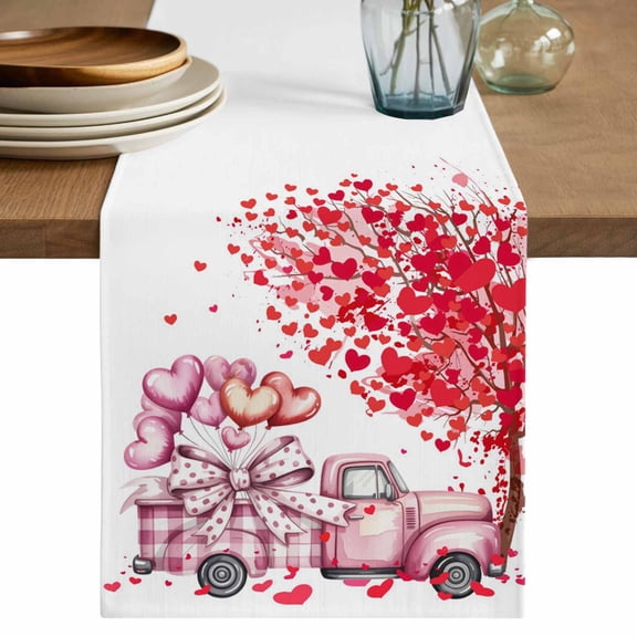 Valentine's Day Table Runner 72 Inches, Watercolor Trucks Love Tree Balloons Bed Runner Dresser Scarves Tabletop for Indoor Outdoor Parties/Ceremony/Banquet, 14" x 72"