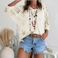 thumbnail image 2 of longantii Womens Bohemian-Inspired Crochet Top with V-Neck, Women's Casual V-Neck Hollow Crochet Cover-Up Short Sleeve Top Beige XXL, 2 of 7