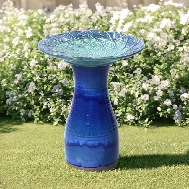 Bañera de cerámica para pájaros LuxenHome, azul cobalto profundo, 50 cm de altura