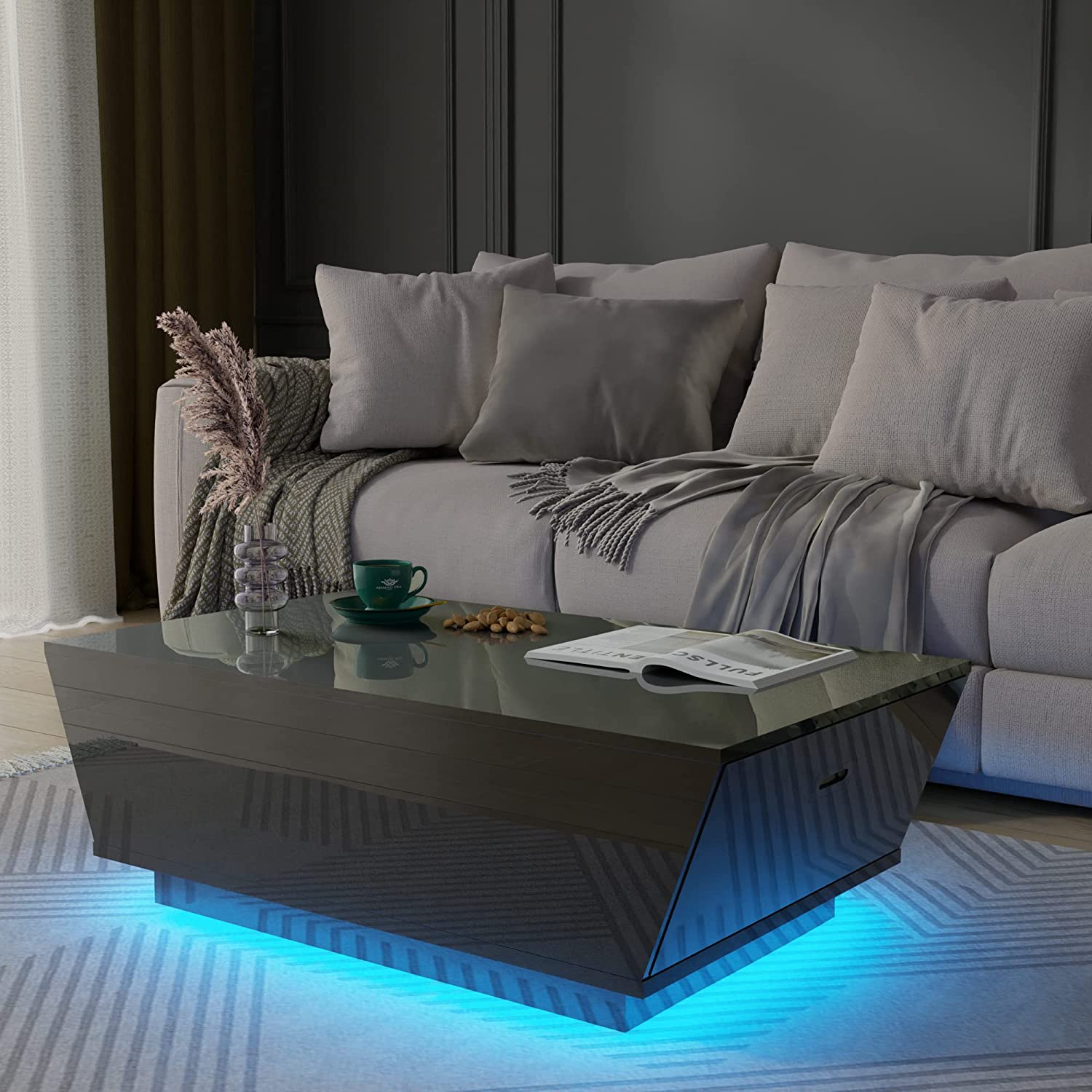 Cozy Castle Black Modern Coffee Table with LED Lights, High Glossy