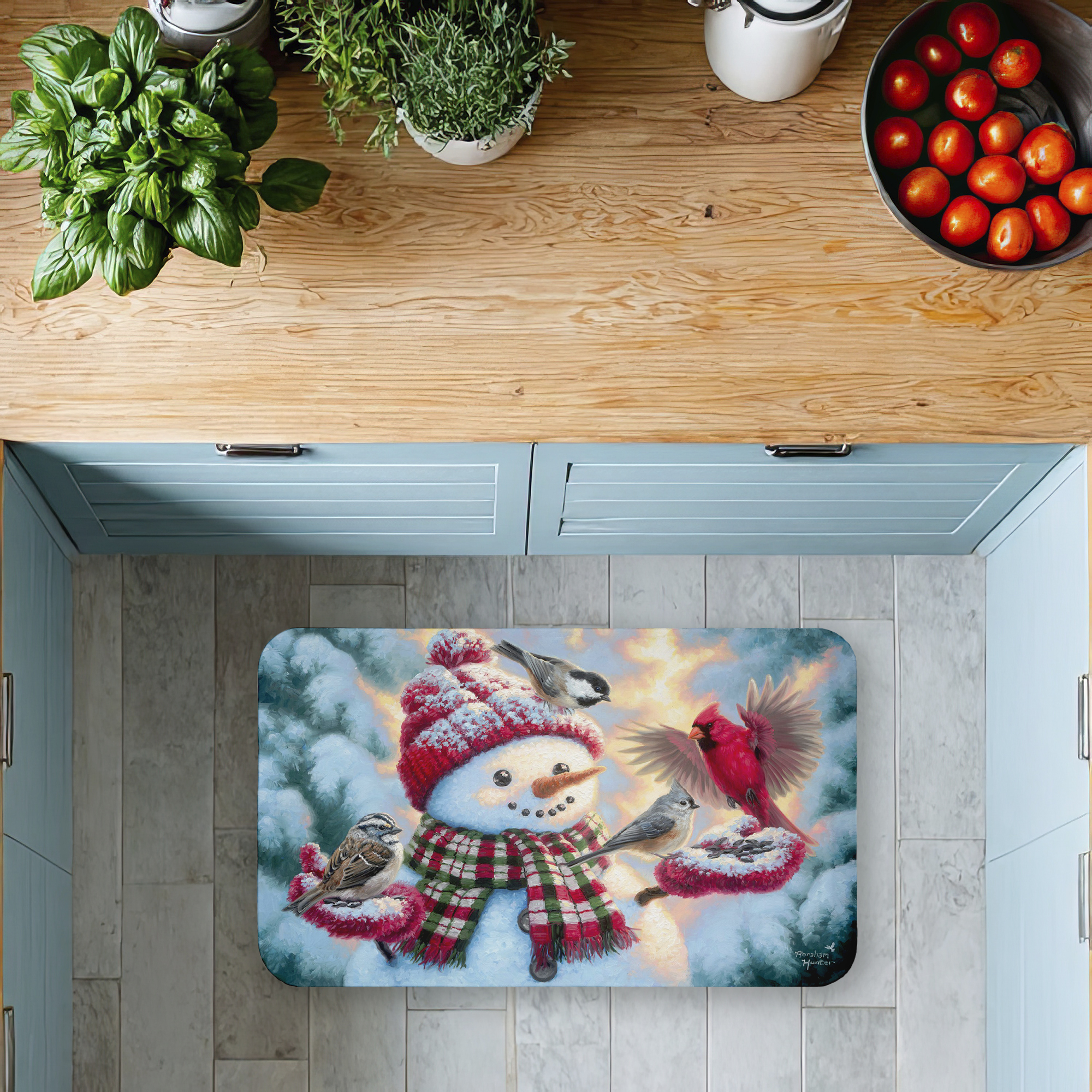 Stupell Industries Happy Snowman with Landing Birds Printed Anti-Fatigue Floor Mat, design by Abraham Hunter