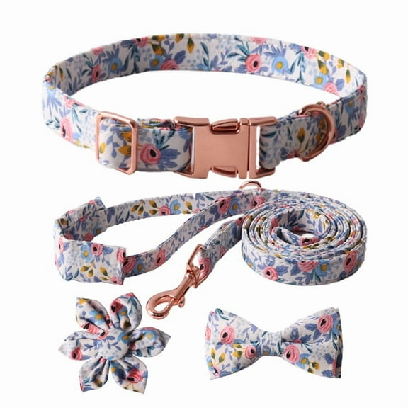 Sunyuer Girl Dog Collar and Leash Set with Flower Bow Tie, Floral Puppy Dog Collars with Adjustable Metal Buckle for Small Medium Large Female Dogs, Blue Flower, S