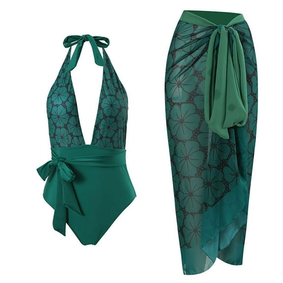 1 set green one-piece swimming strapper women's tight vintage print with a wrap skirt