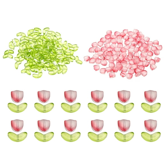 Unique Bargains Perles en Verre Cristal Fleur Tulipe, 200 Perles en Verre Artisanales, Rouge Clair/vert