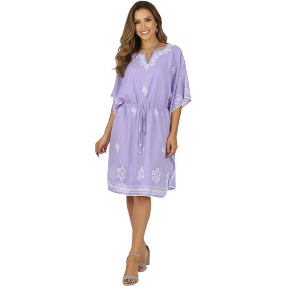 HAPPY BAY Women's Mini Vacation Cover-Up Bikini Casual Summer Beachwear Short Sleeve Caftan for Women Coverup Tunic Dress 2X-3X Purple, Embroidery