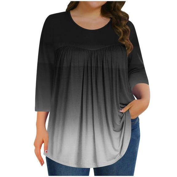 Ruimatai Women's Plus Size T-Shirt Casual Gradient Blouse Round Neck Three Quarter Sleeve Soft Polyester Top for Home Office Vacation