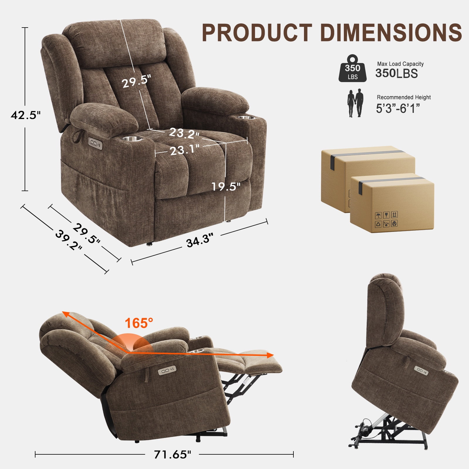 JULY'S SONG Oversized Recliner Chair with Heat and Massage, Power Lift Chairs for elderly with Cup Holders, Heavy Duty Electric Recliners for Adults with USB & Type C ports, Chenille Brown
