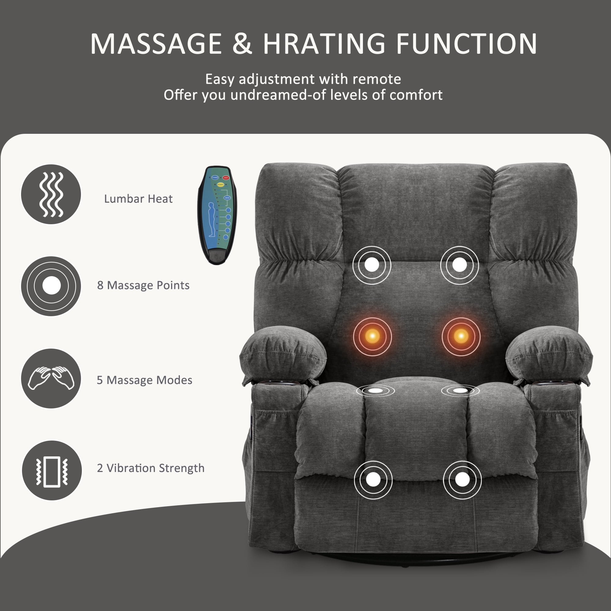 JONPONY Massage Rocker Recliner Chair with Vibration Massage and Heat Ergonomic Lounge Chair for Living Room with Rocking Function and Side Pocket, 2 Cup Holders, USB Charge Port,Blue