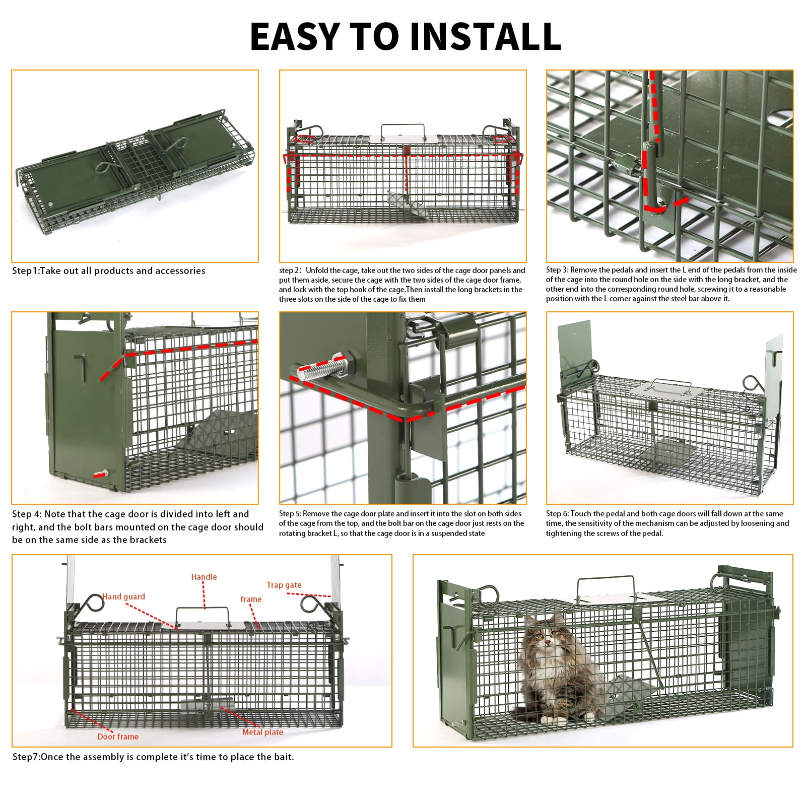 40" 2-Door Large  Live Animal Traps for Stray Cats up to 17.6 Pounds, Raccoons, Squirrel