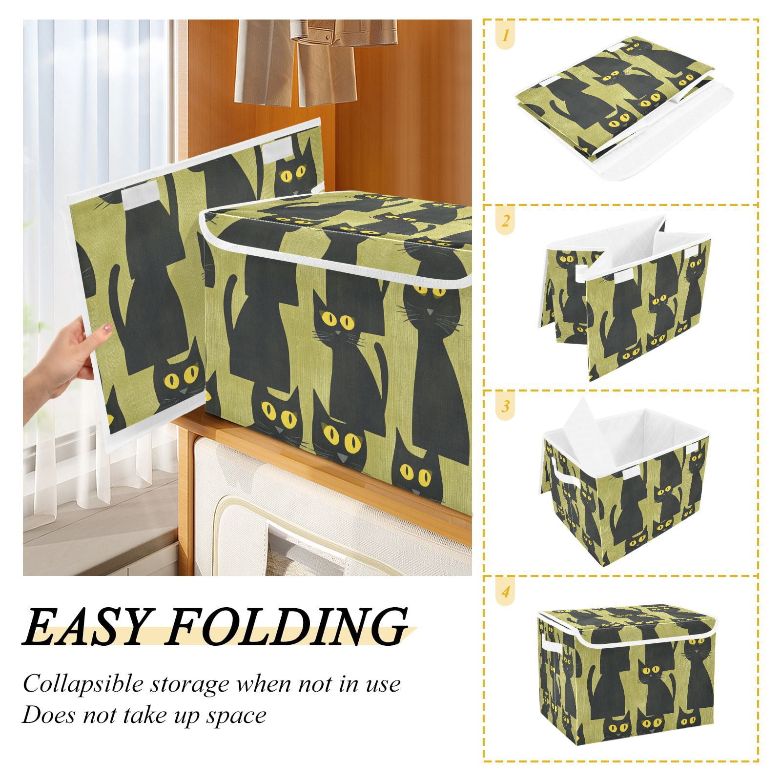Black Cats in Green Storage Basket for Shelves Foldable Container Organizer for Organizing Toys Clothes Books with Handles